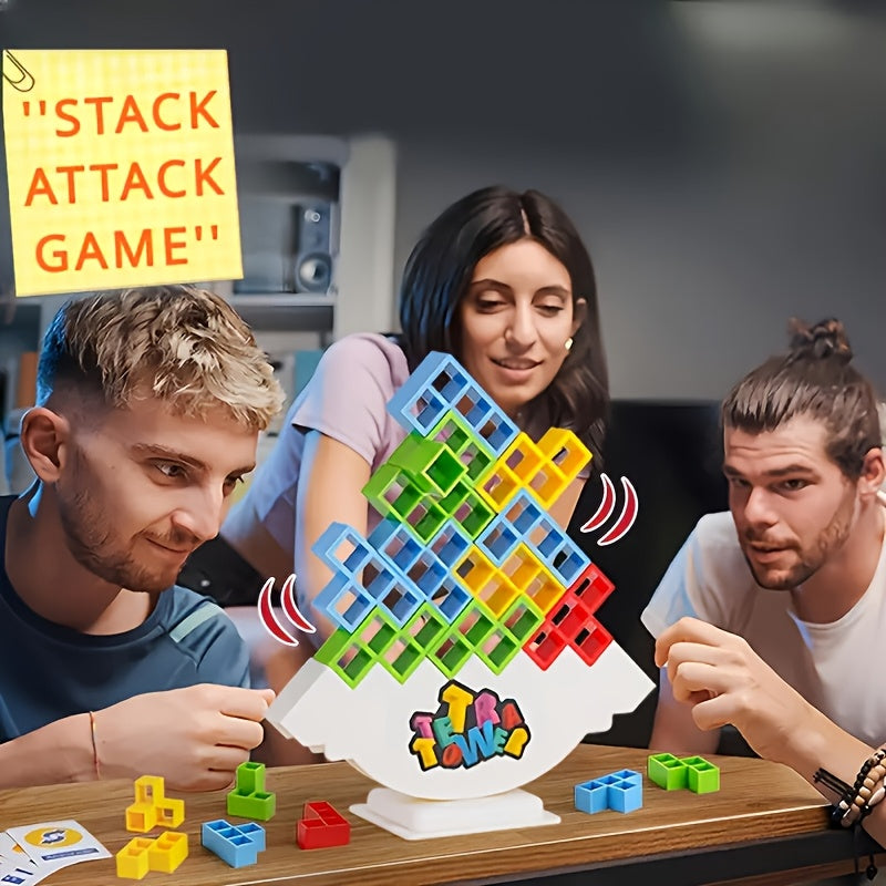 Balance tower block stacking game with carry case, family tabletop travel toy