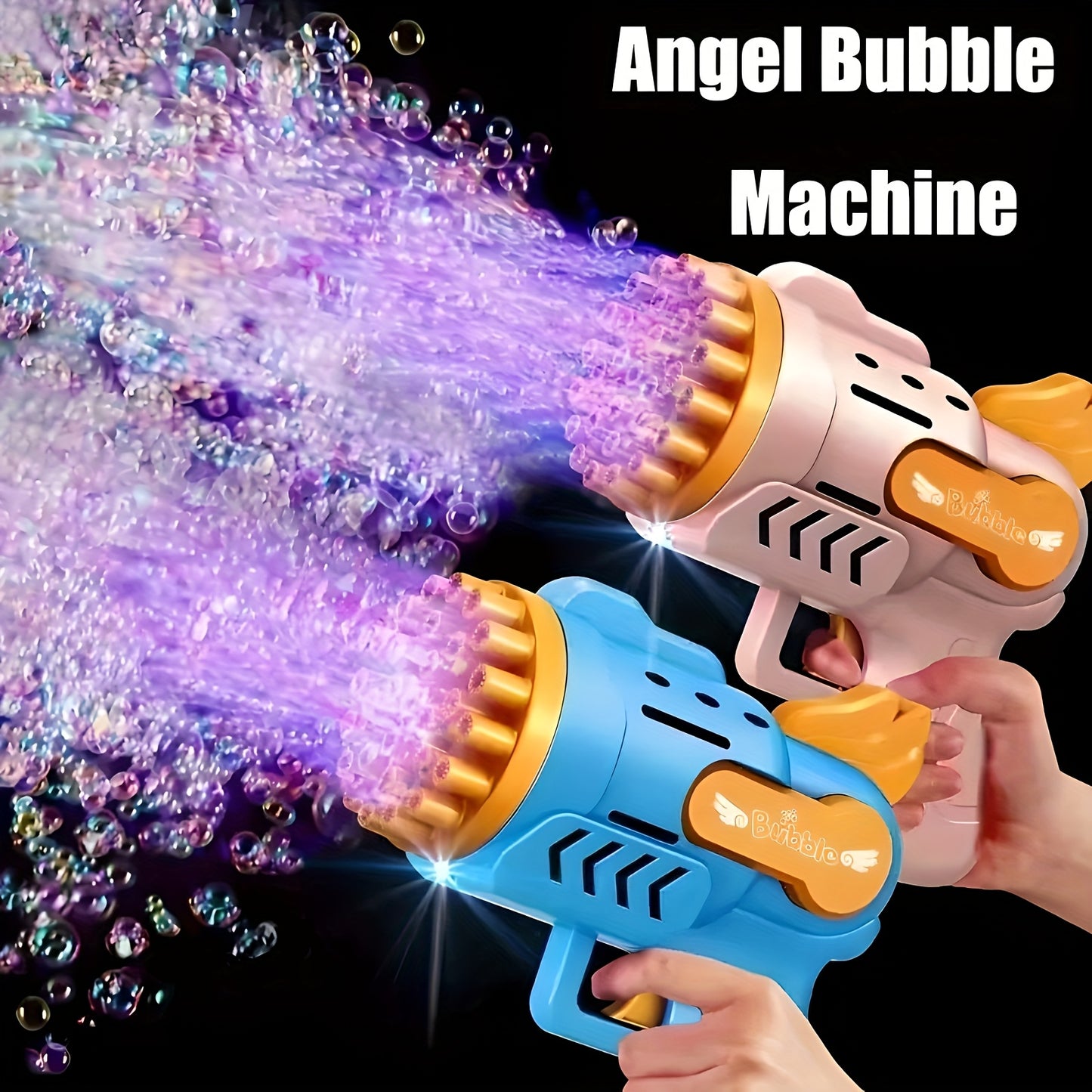 LED electric automatic bubble machine — battery-powered hair-dryer-style bubble gun with built-in LED lights, fires roughly 500 bubbles per minute, for pool parties, weddings, kids' birthdays and outdoor events