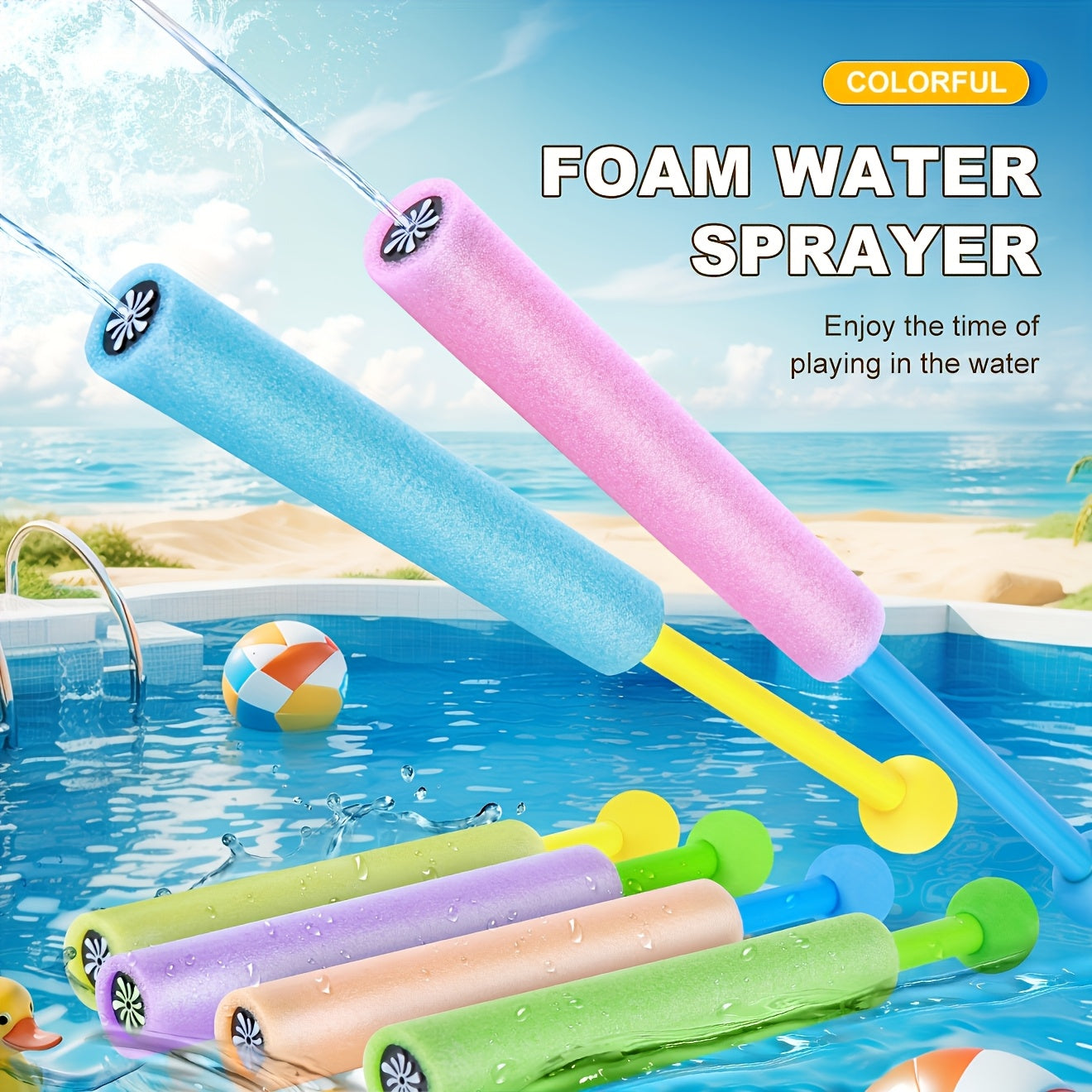 6-pack foam water sprayers — long-range pull-action water guns with ergonomic foam grips and colorful plastic bodies for kids and adults at pool parties, backyards and beaches