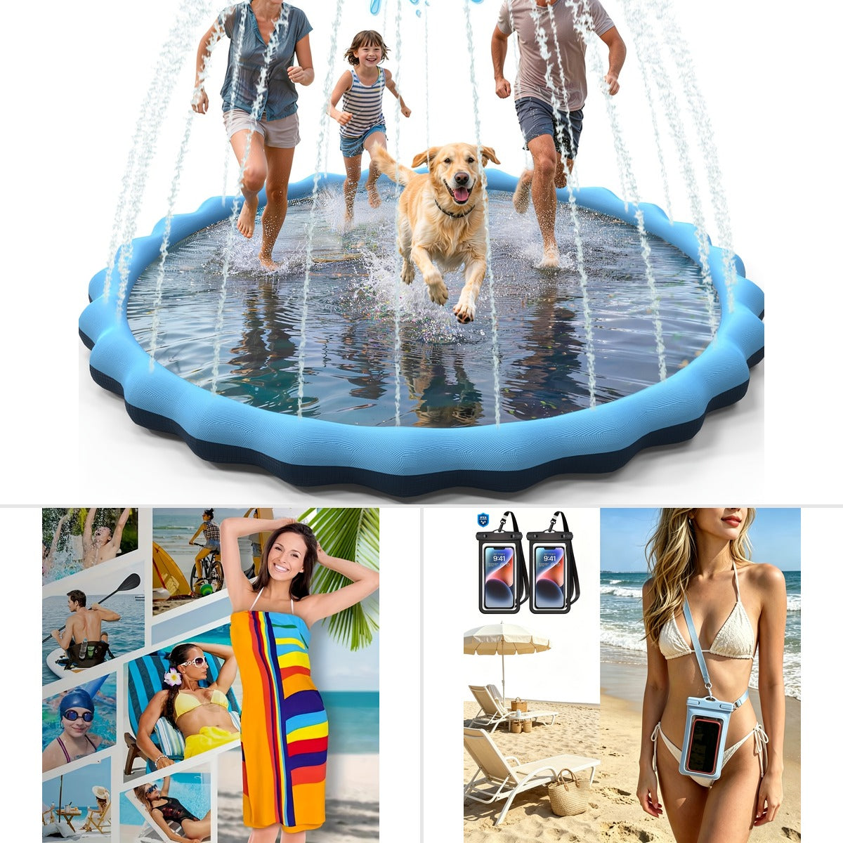Backyard pool party essentials — splash pad sprinkler mat, oversized beach towel, and IPX8 waterproof phone pouches set up for a small-backyard pool party
