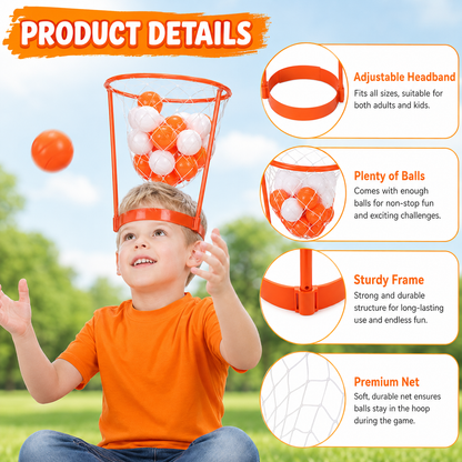 Head Hoop Ball Toss Game Set for Kids & Adults, Adjustable Basketball Headband Party Game with Soft Toss Balls, Indoor Outdoor Carnival Family Activity for Birthday School Travel