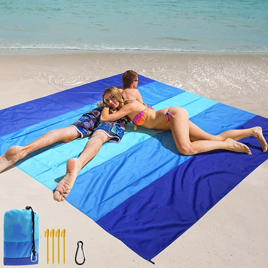 Extra large sand-free beach blanket / outdoor picnic mat — 79 by 83 inches lightweight polyester ground sheet that fits four adults for beach, festivals, camping and hiking