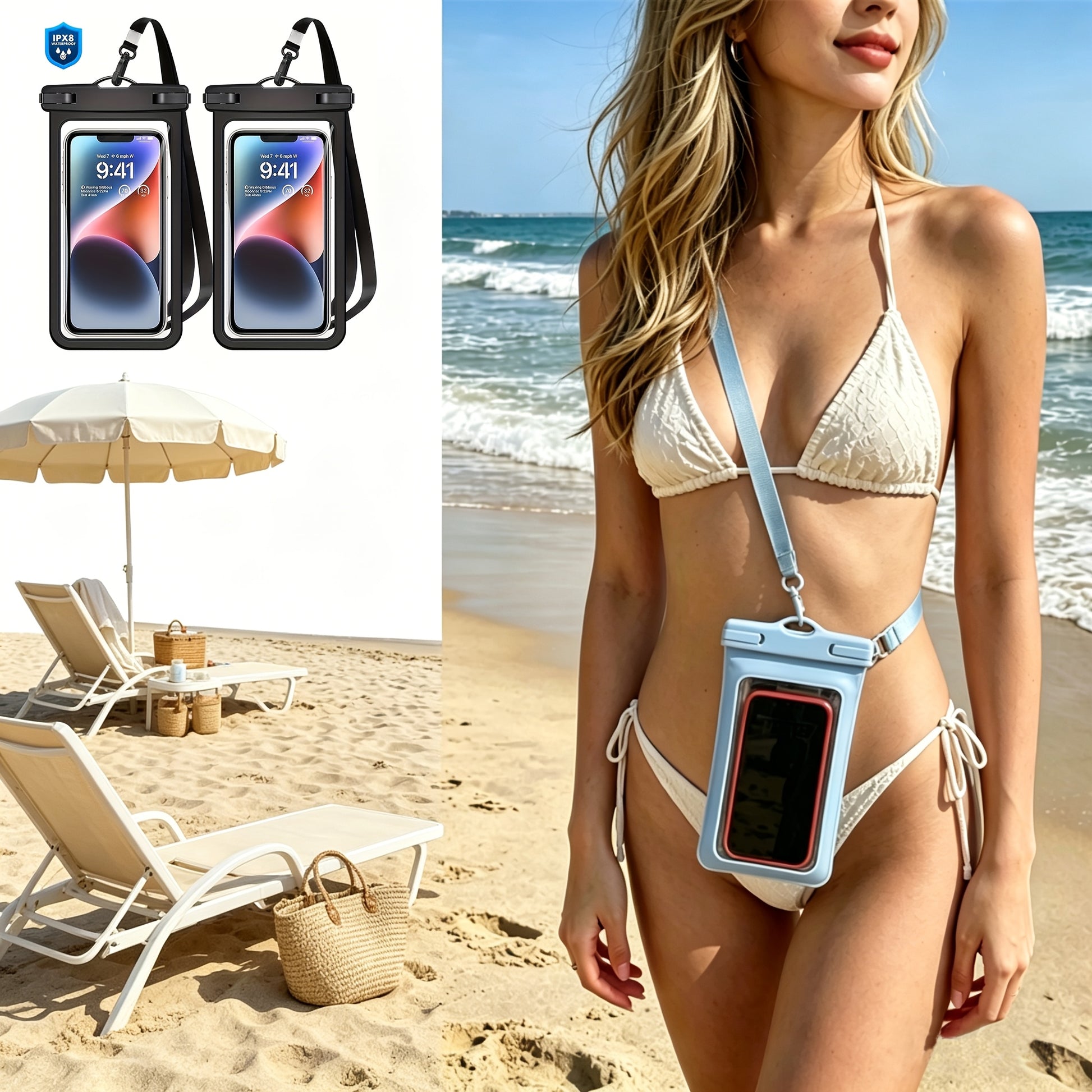 IPX8 waterproof crossbody phone pouch 2-pack — fully submersible swim bag with adjustable neck strap and clear touchscreen-compatible front, perfect for pool, beach, kayaking and water parks