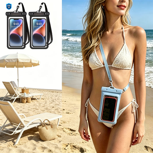 IPX8 waterproof crossbody phone pouch 2-pack — fully submersible swim bag with adjustable neck strap and clear touchscreen-compatible front, perfect for pool, beach, kayaking and water parks