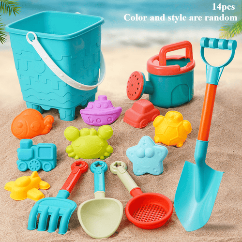 Kids beach toy set — sand bucket with handle, shovel, rake and castle molds in bright primary colors for sandbox, beach and snow play, ages 2 and up