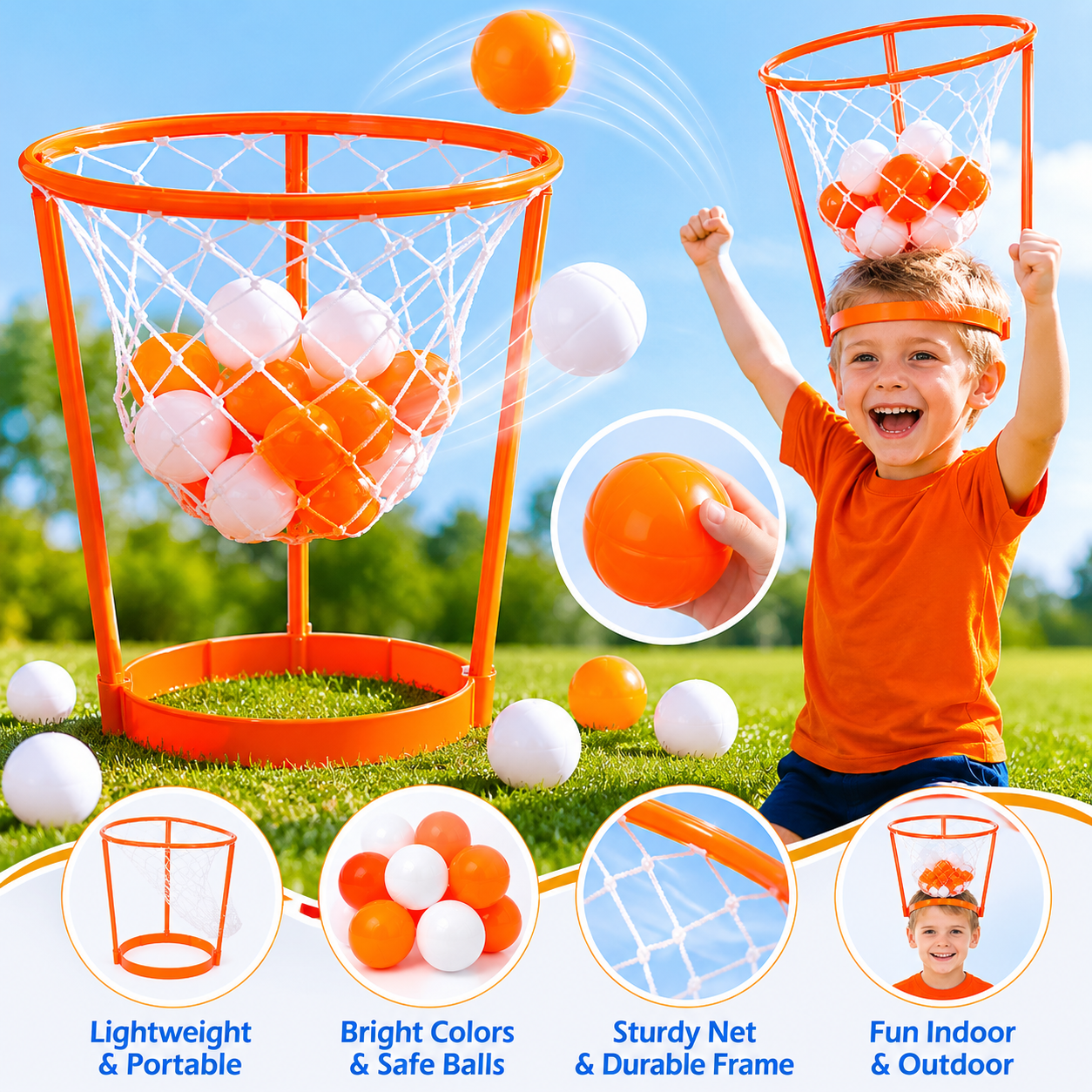 Head Hoop Ball Toss Game Set for Kids & Adults, Adjustable Basketball Headband Party Game with Soft Toss Balls, Indoor Outdoor Carnival Family Activity for Birthday School Travel