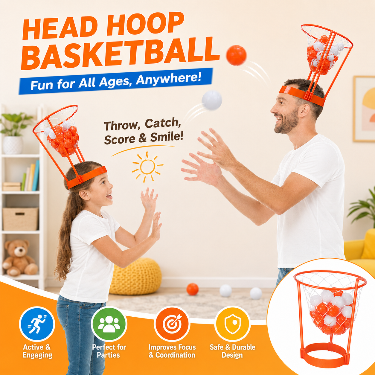 Head Hoop Ball Toss Game Set for Kids & Adults, Adjustable Basketball Headband Party Game with Soft Toss Balls, Indoor Outdoor Carnival Family Activity for Birthday School Travel