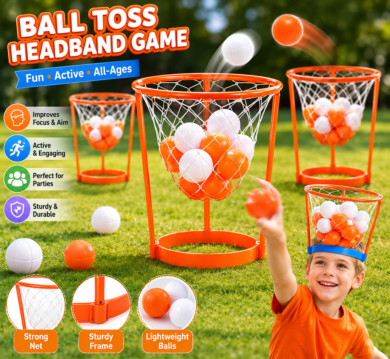 Head Hoop Ball Toss Game Set for Kids & Adults, Adjustable Basketball Headband Party Game with Soft Toss Balls, Indoor Outdoor Carnival Family Activity for Birthday School Travel