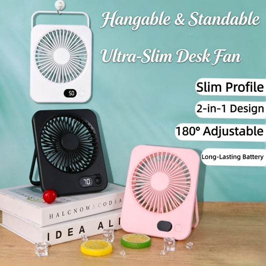 2-in-1 USB desk fan with built-in phone stand — silent personal fan, 180° adjustable head, 3 speed settings for office, bedroom, and home use
