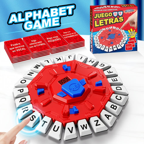 Spanish alphabet word race game with timer wheel and colorful letter buttons on round ABS board