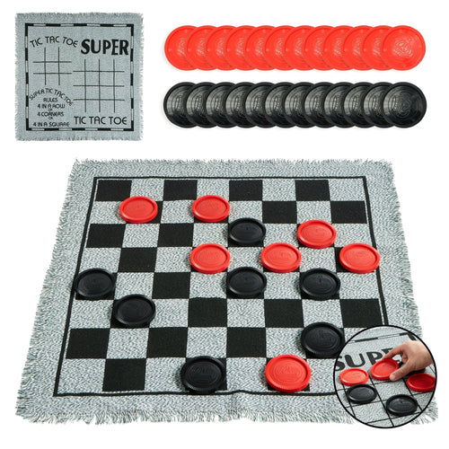 Giant reversible outdoor game mat for checkers and tic-tac-toe with 24 chips, family lawn game