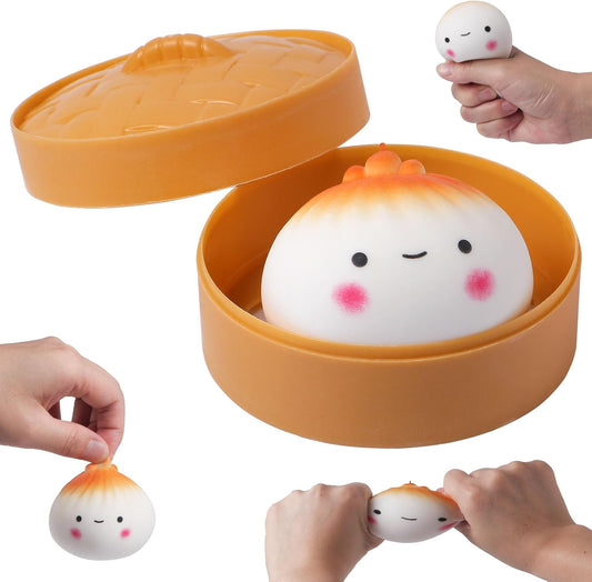 Caged dumpling stress ball squishy fidget toy inside mini bamboo steamer cage enclosure