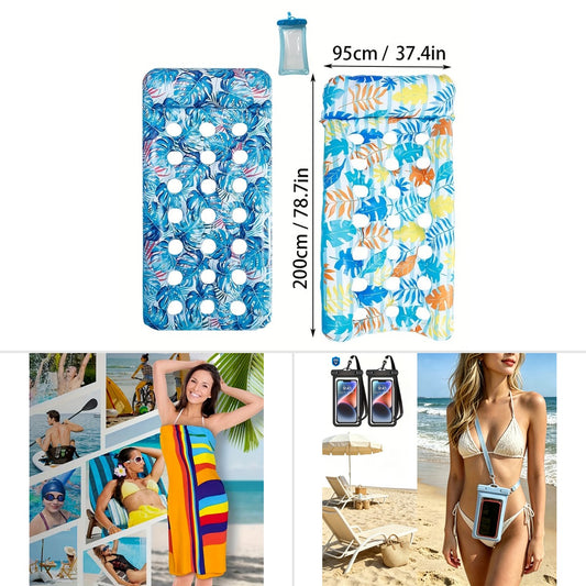 Couples Pool Party Kit — 2-pack tropical pool loungers with headrests, XL striped beach towel, and IPX8 waterproof phone pouch 2-pack for adult pool, lake and beach summer hangs