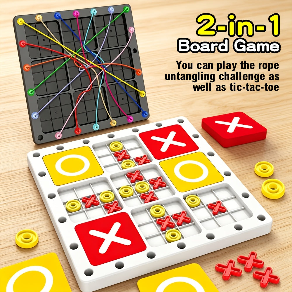 Wooden 2-in-1 tabletop party game with super tic-tac-toe grid and rope challenge pieces