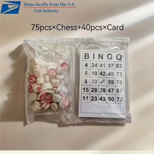 Classic wooden bingo game set — wooden storage box containing 75 numbered tokens, 40 player cards and plastic chip markers, for family game nights, Christmas and holiday parties