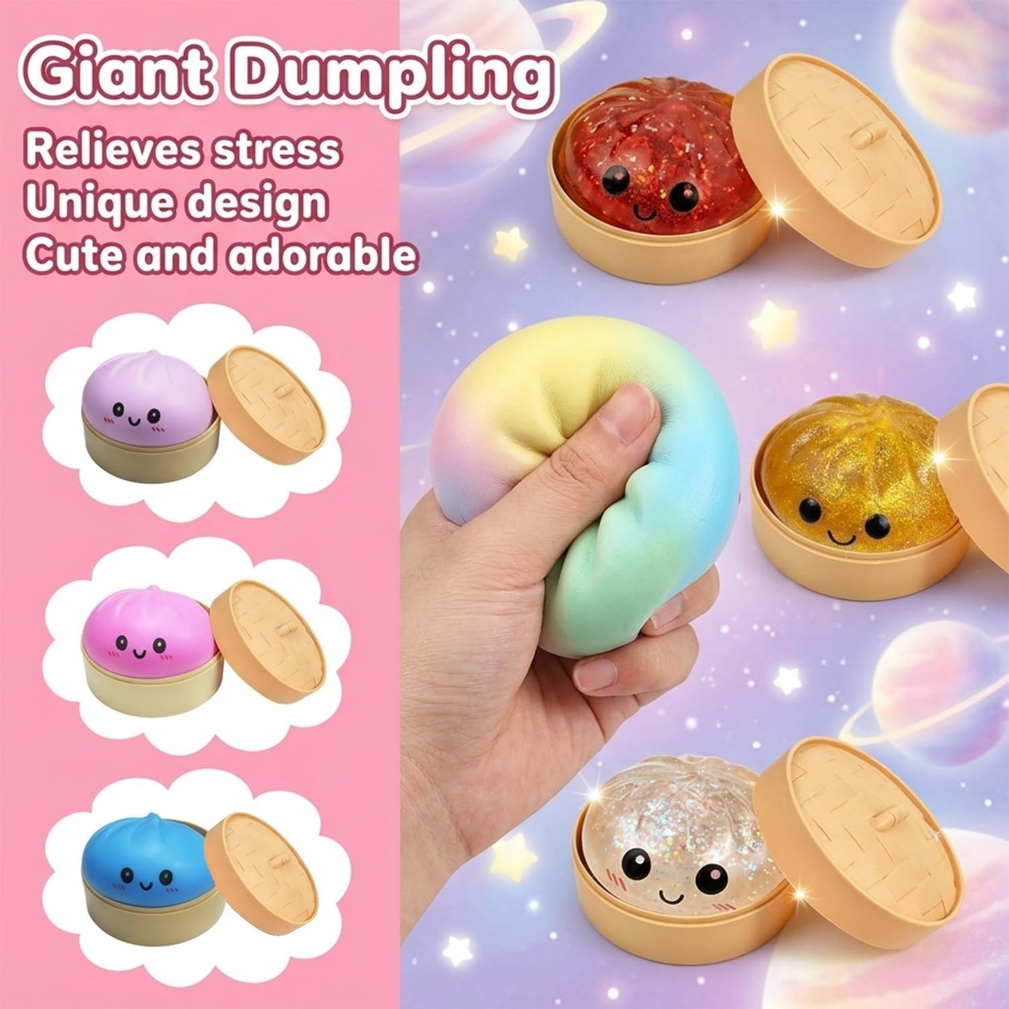 Colorful jumbo glitter dumpling stress ball squishy in assorted random color variants
