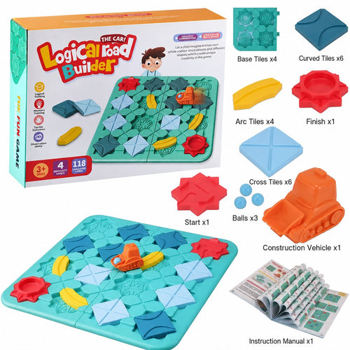 Logical Road Builder STEM puzzle game complete set — packaging box, 4 baseboard panels, 22 track tiles, pull-back construction vehicle, 3 marbles, and challenge booklet for kids ages 3+