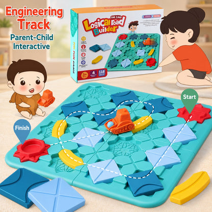 Logical Road Builder track puzzle gameplay — kids building a road maze with track tiles and pull-back bulldozer car, start-to-finish path, STEM brain teaser for ages 3-8