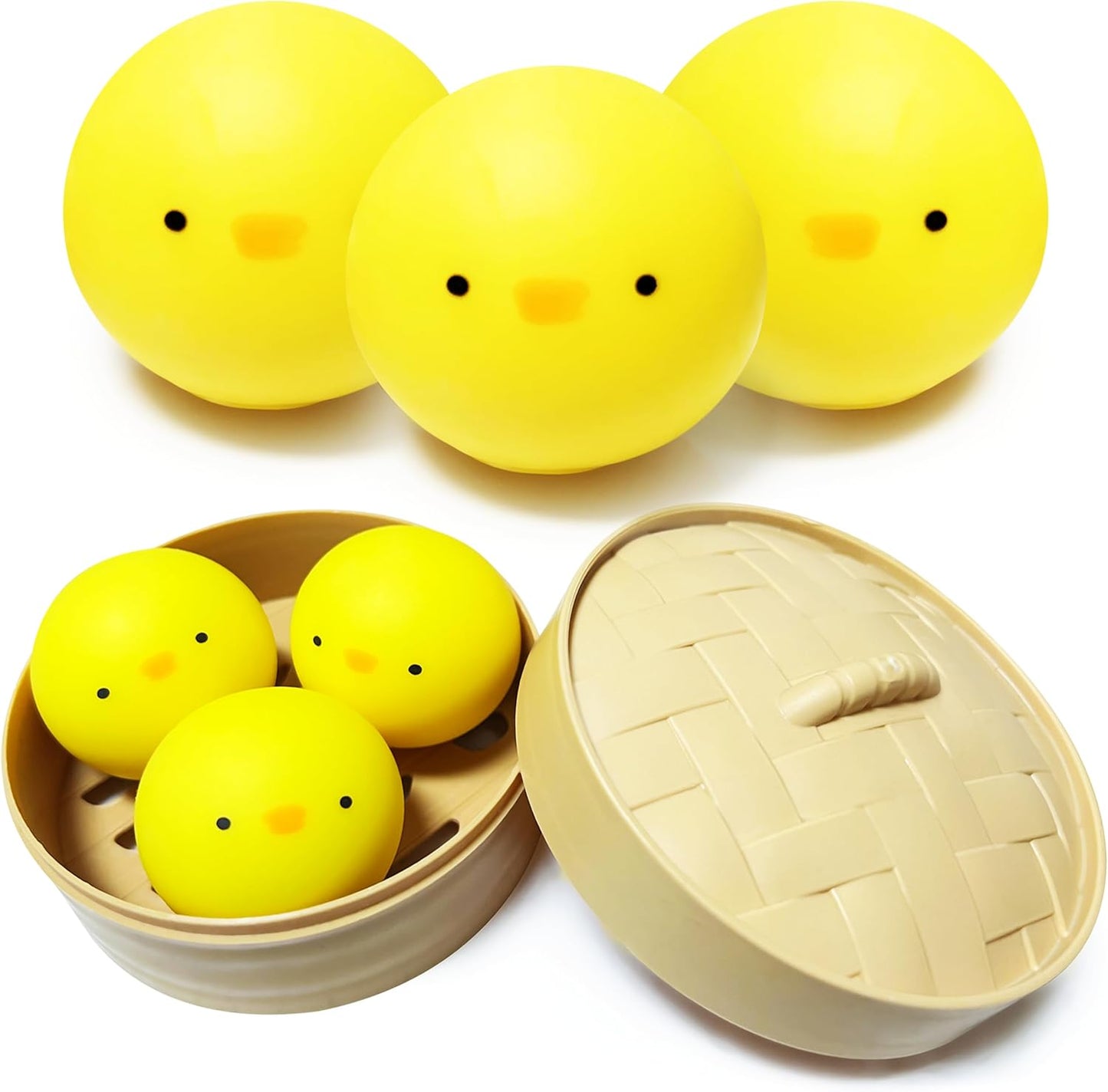 Mini chick dumpling squishy 3-pack with three yellow baby chick fidget toys
