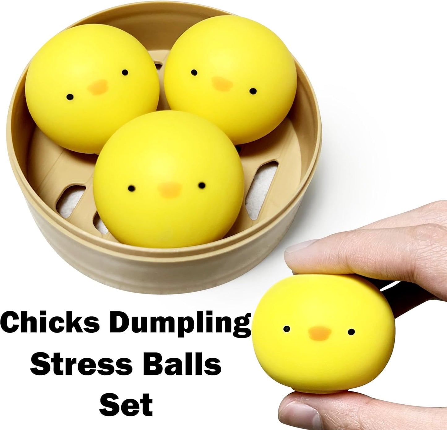 Three baby chick dumpling squishies displayed inside mini bamboo steamer basket