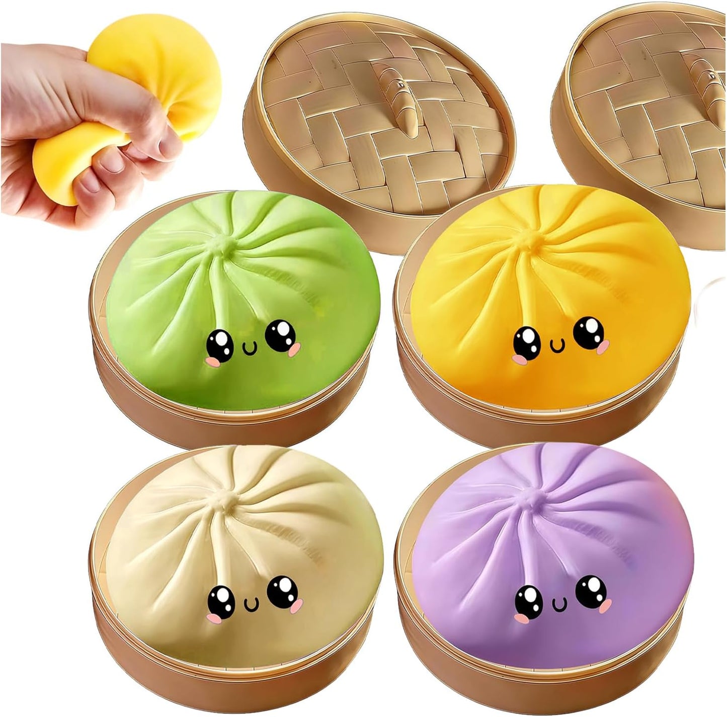 Rainbow dumpling squishy 4-pack set with mini bamboo steamer basket as sensory fidget gift
