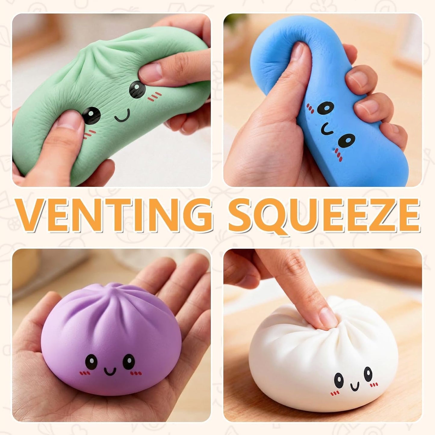 Four assorted color baozi squishy fidget toys with smiling faces for kids stress relief