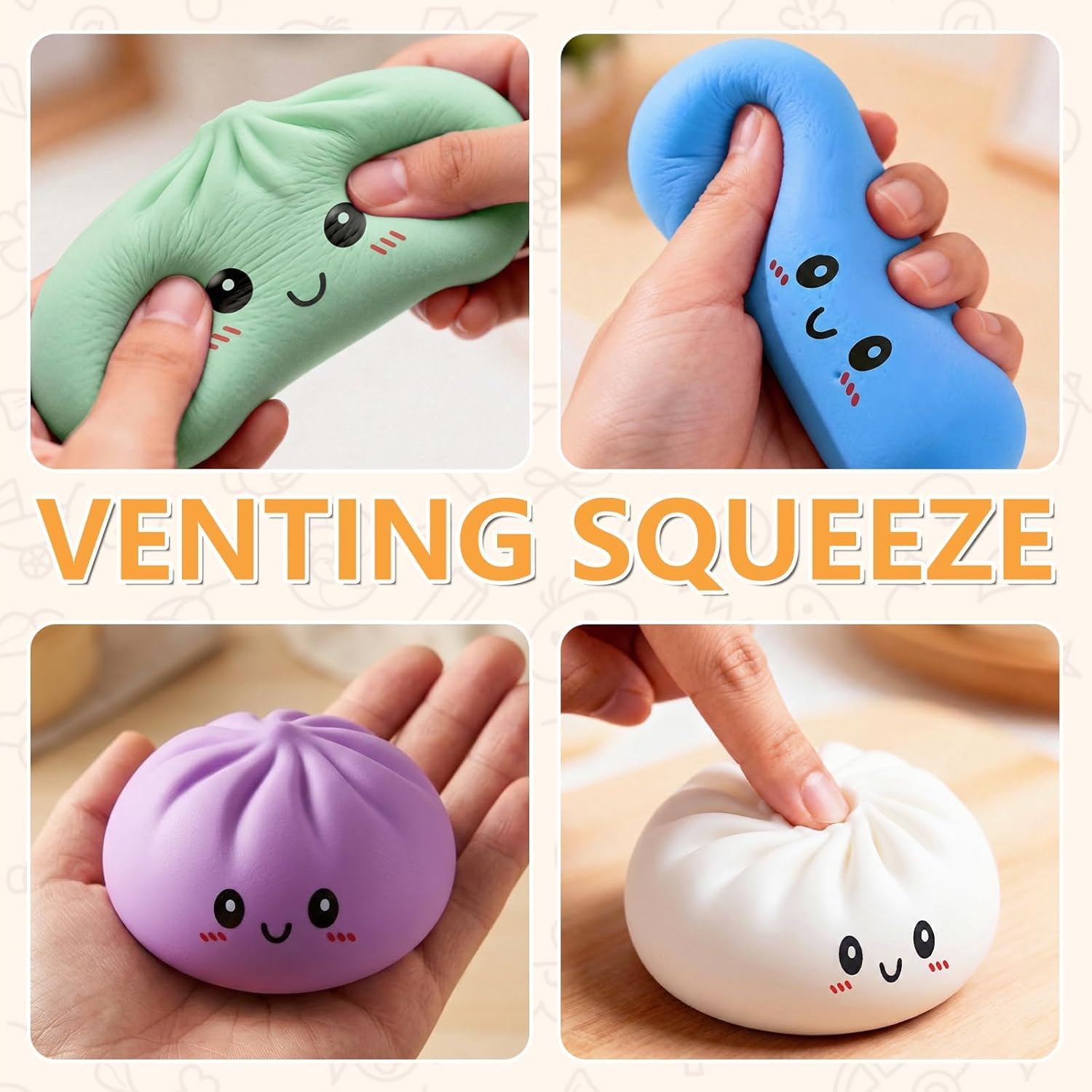 Four assorted color baozi squishy fidget toys with smiling faces for kids stress relief