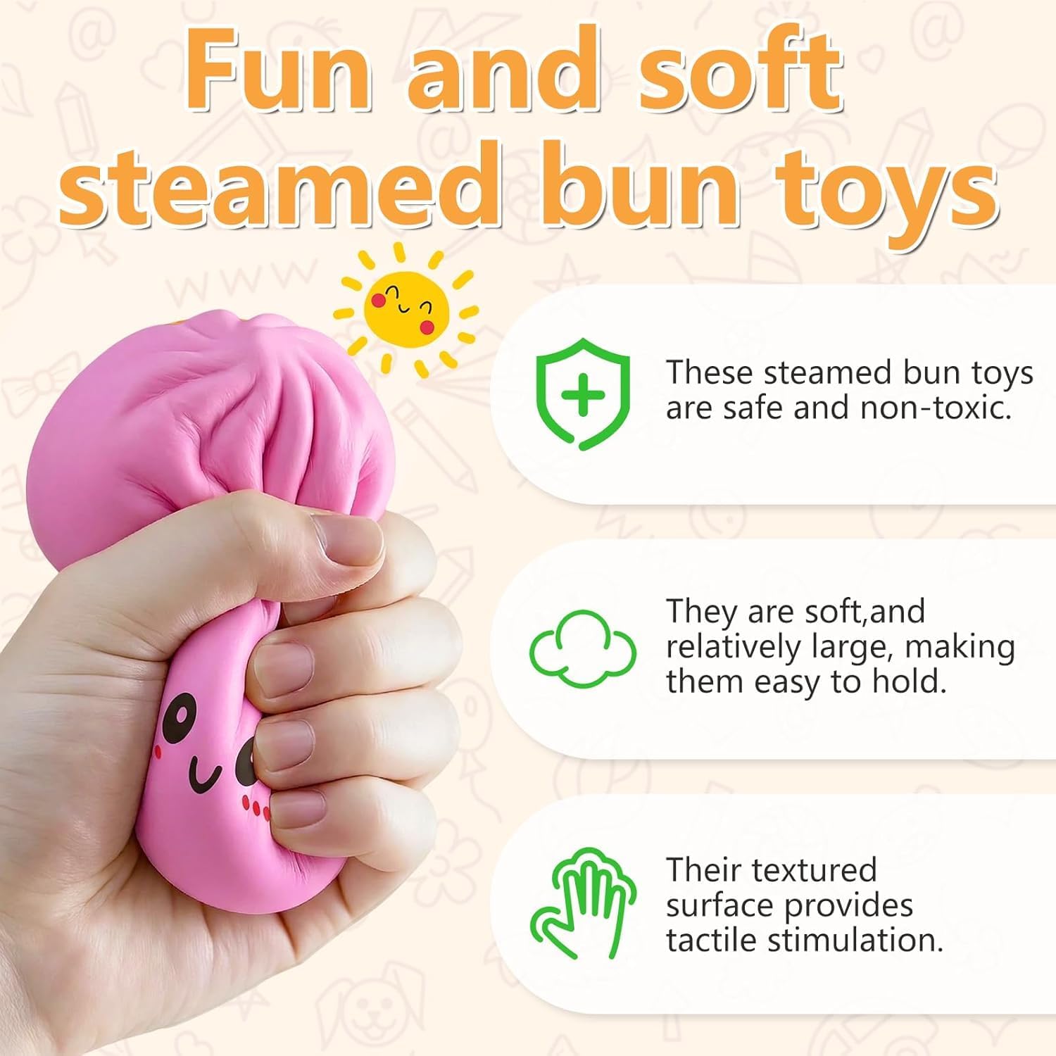 Cute dumpling squishy held in hand showing soft slow-rise TPR texture and smiling face detail