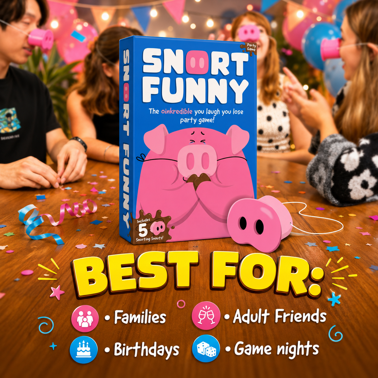 Snort Funny game cards laid out showing laugh challenges for kids party game 4 to 8 players