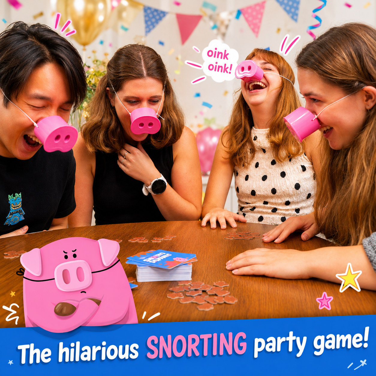 Snort Funny party game contents — pig nose squeakers, challenge cards and rules for icebreaker game night