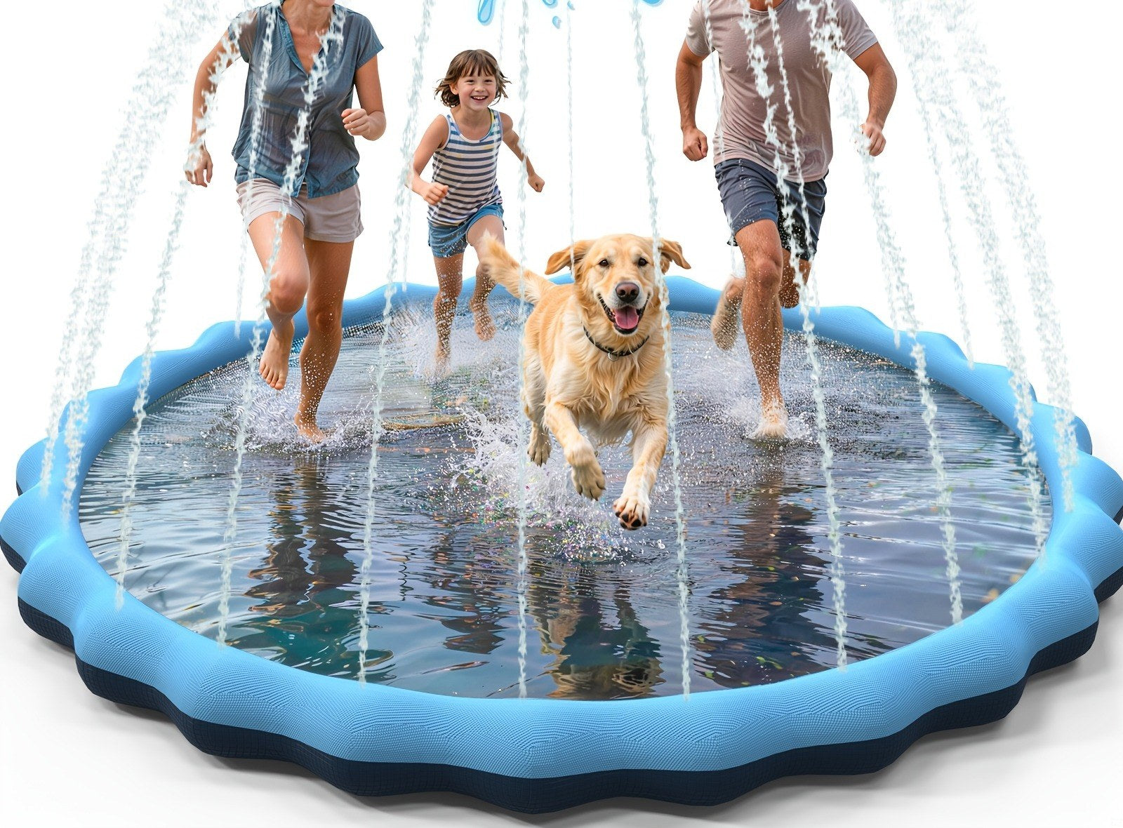 Splash pad sprinkler mat for kids and pets — outdoor water play pool with perimeter sprinkler edge, slip-resistant base, garden-hose connection, suitable for backyards, patios and summer water play