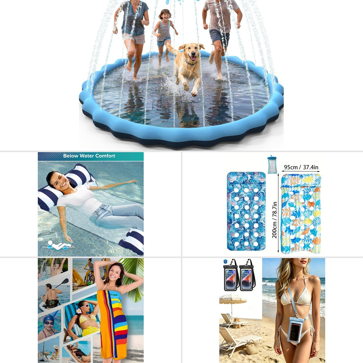 Ultimate Pool Day Kit — 5-piece pool party bundle including splash pad sprinkler mat, 2-pack tropical loungers, single striped pool float, XL beach towel, and IPX8 waterproof phone pouches